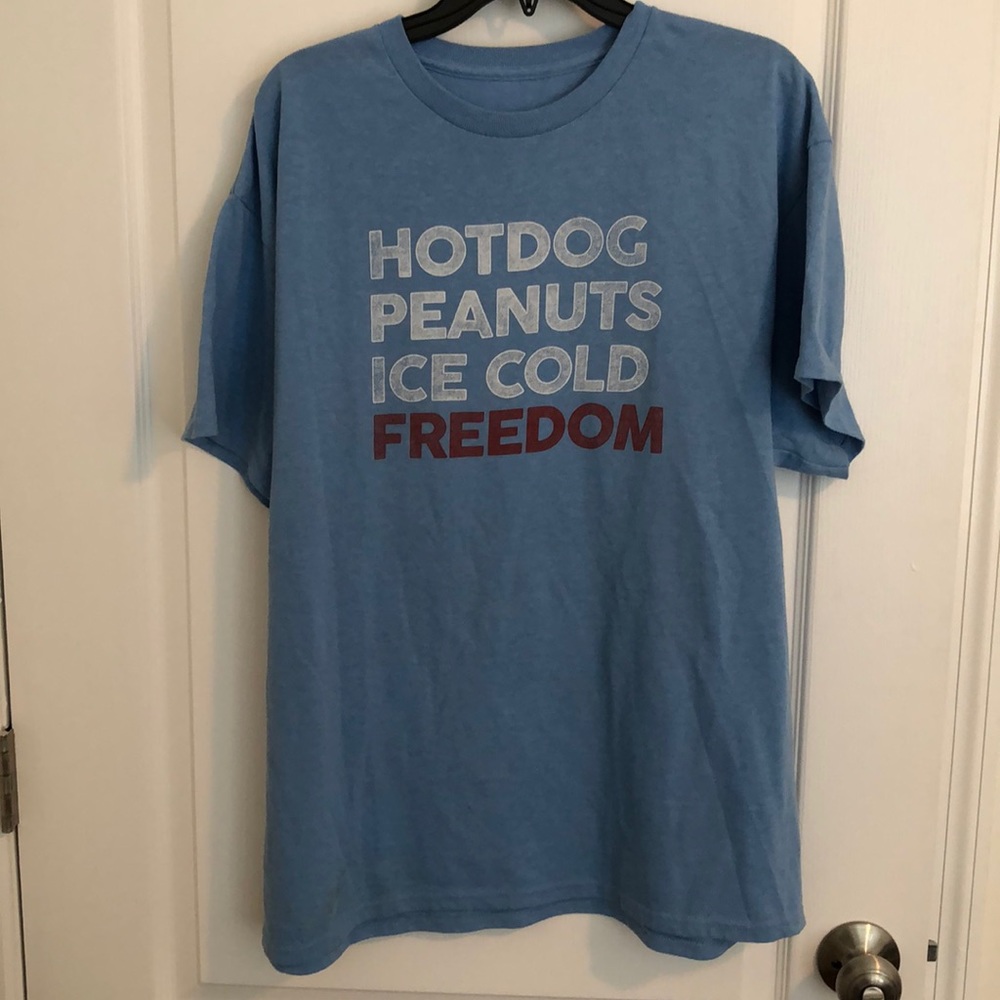 Blue “Hot Dogs Peanuts Ice Cold Freedom” t-shirt